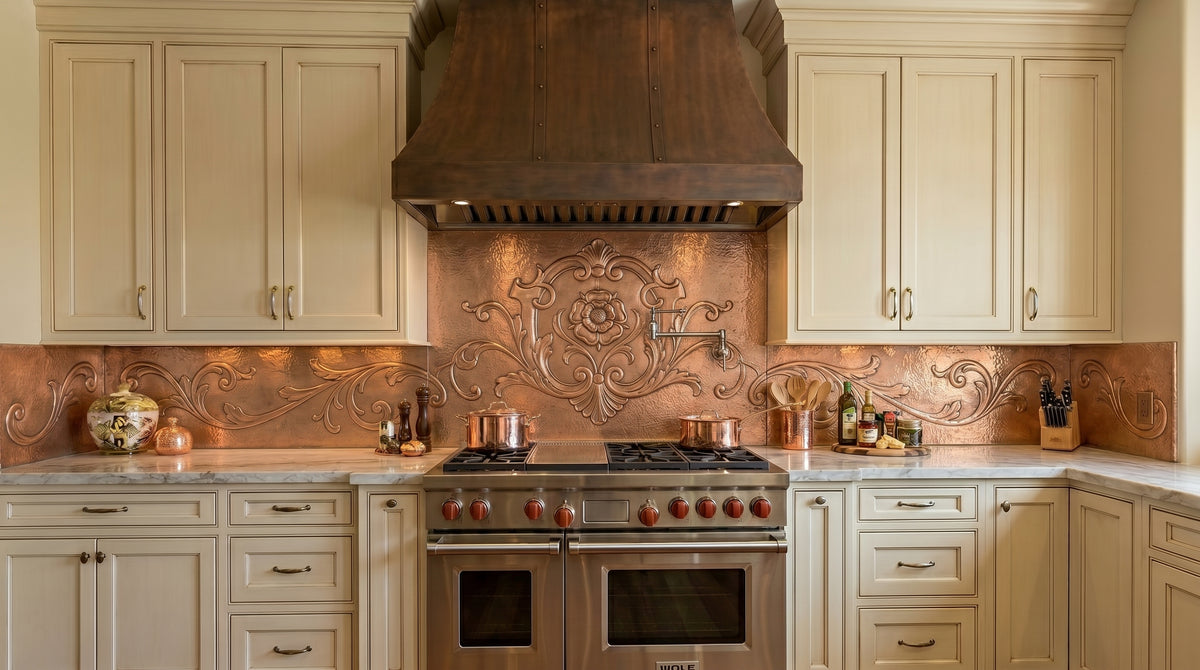 Floral Scrollwork Copper Kitchen Backsplash