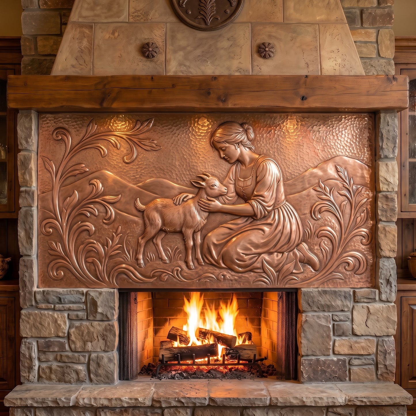 Hand-hammered copper goat wall art displayed above a stone fireplace, featuring a woman kneeling beside and gently holding a baby goat, surrounded by decorative botanical scrollwork and rolling hills in detailed raised copper relief.