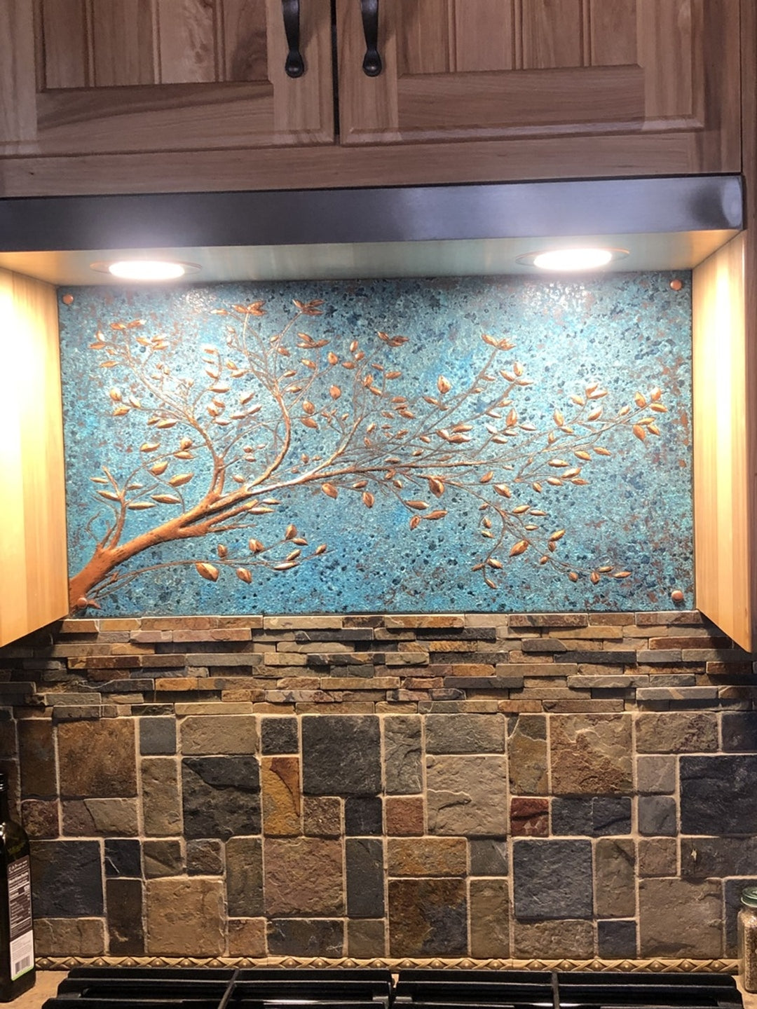 Blue Copper Tree Branches Backsplash | Artistic Handmade Copper Kitchen Backsplash Panel - Natuross