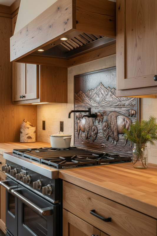 Bison in Valley Copper Kitchen Backsplash in Rustic Mountain Lodge with Butcher Block