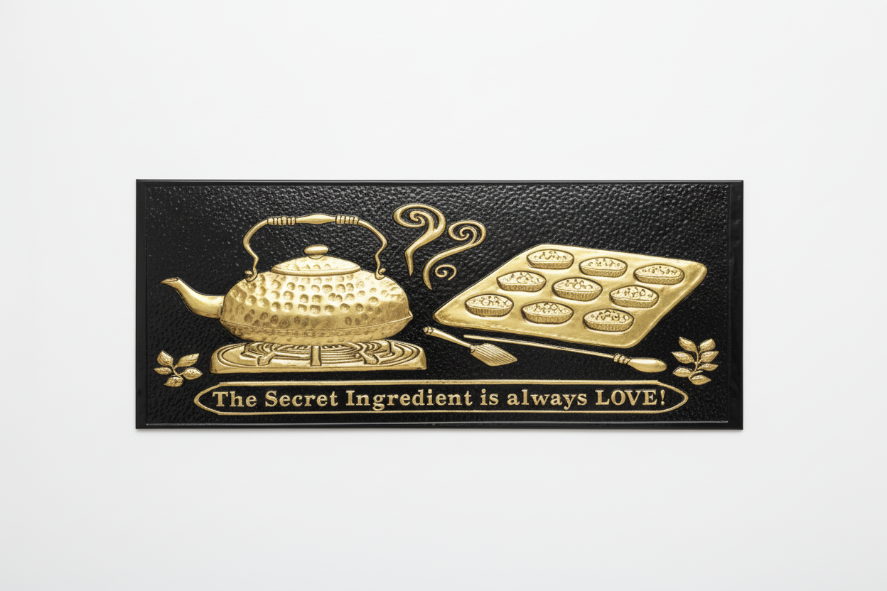 Black Gold Tea Kettle Tray Panel Front View White Background Correct Design Black Background Brass Gold Relief
