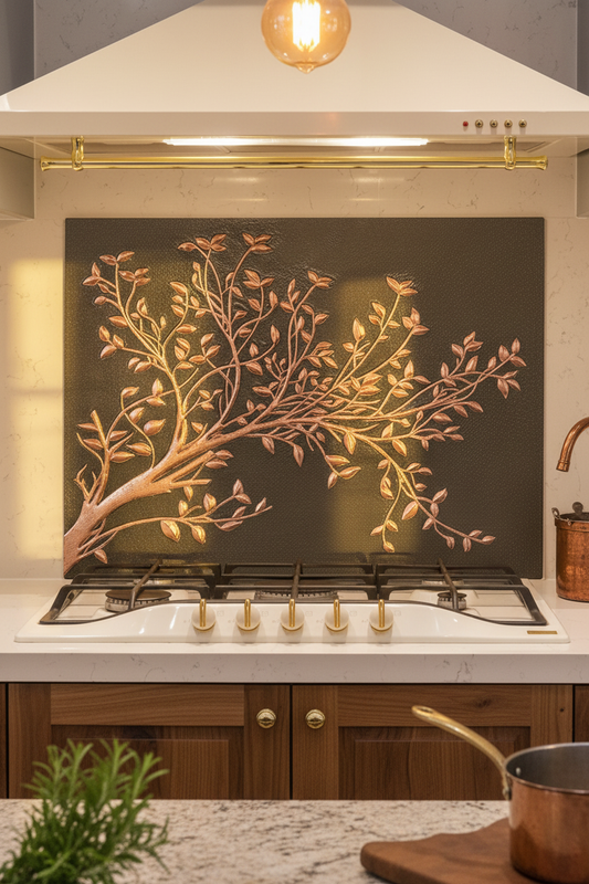 Black Tree Branches Copper Backsplash Large Panel EXTREMELY CLOSE Front Direct View Handmade Kitchen Wall Art Ultra Luxury Rustic Farmhouse Kitchen Stove Backsplash