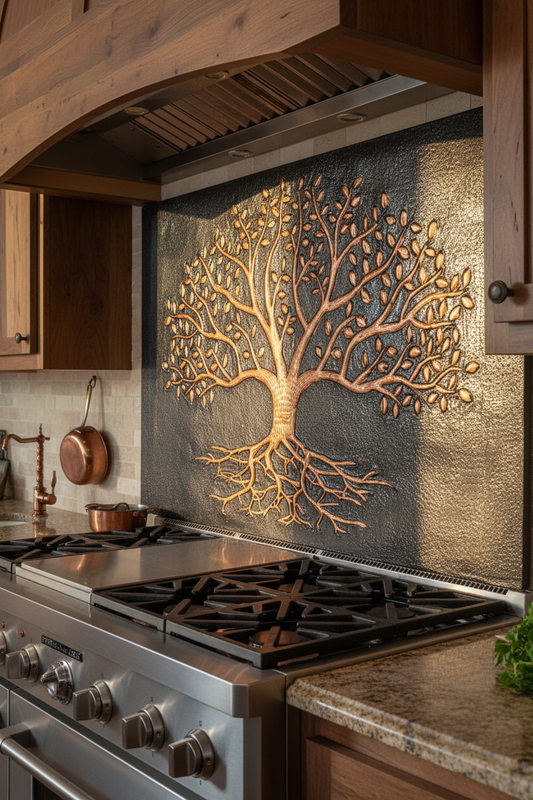 Black Tree With Roots Copper Backsplash Large Panel EXTREMELY CLOSE Slight Angled Left View Handmade Kitchen Wall Art Ultra Luxury Rustic Farmhouse Kitchen Stove Backsplash