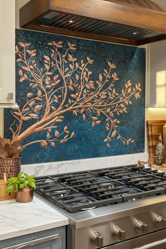 Blue Copper Tree Branches Backsplash Large Panel EXTREMELY CLOSE Angled Right View Handmade Kitchen Wall Art Ultra Luxury Rustic Farmhouse Kitchen Stove Backsplash