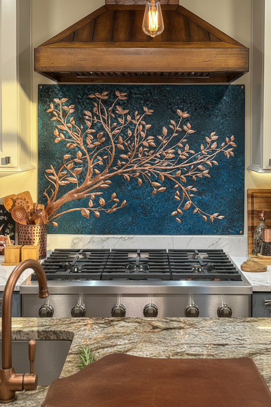 Blue Copper Tree Branches Backsplash Large Panel EXTREMELY CLOSE Front Direct View Handmade Kitchen Wall Art Ultra Luxury Rustic Farmhouse Kitchen Stove Backsplash
