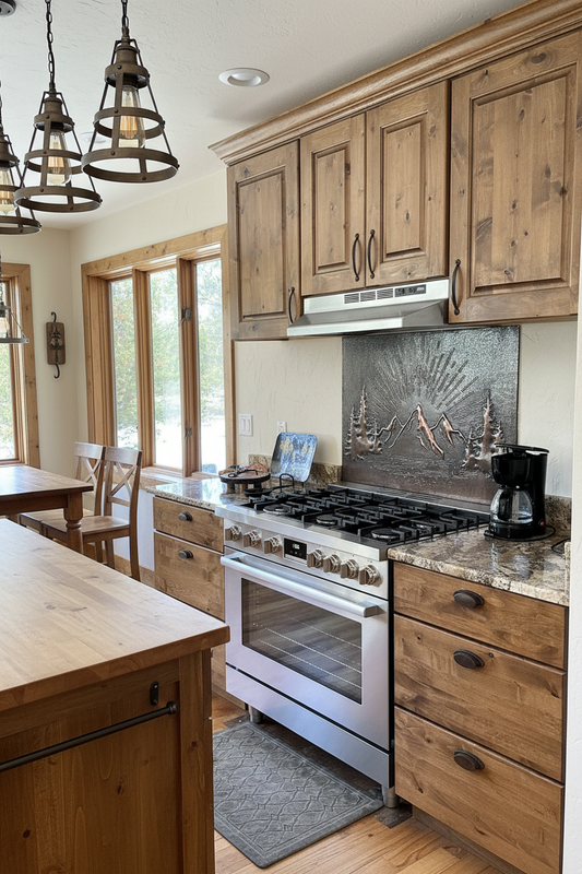 Brown Mountain Sunrise Copper Backsplash - lodge-style kitchen