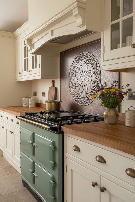 Celtic Knot Copper Kitchen Backsplash in Rustic Irish Cottage Style with Sage Green Range