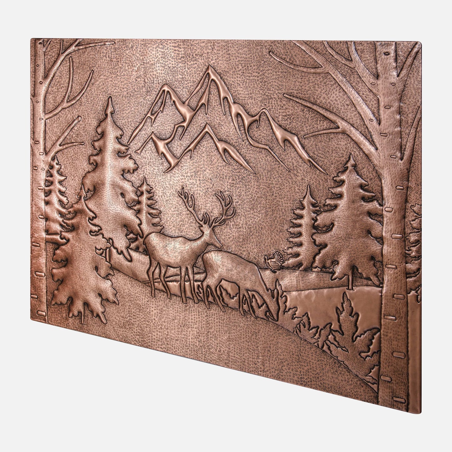 Copper Backsplash Panel (Mountains, Pine Trees and Deer Landscape)