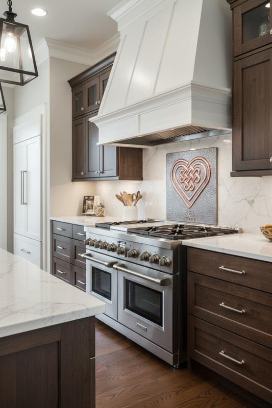 Copper Backsplash Celtic Heart Love Knot Gray Copper - close left angle