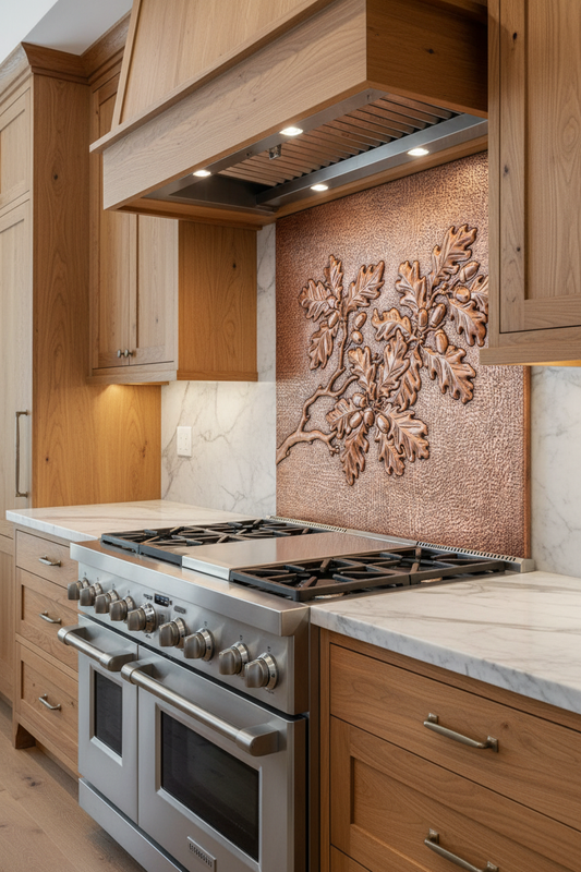 Copper Backsplash Oak Tree Branches Acorns - closer view organic modern kitchen