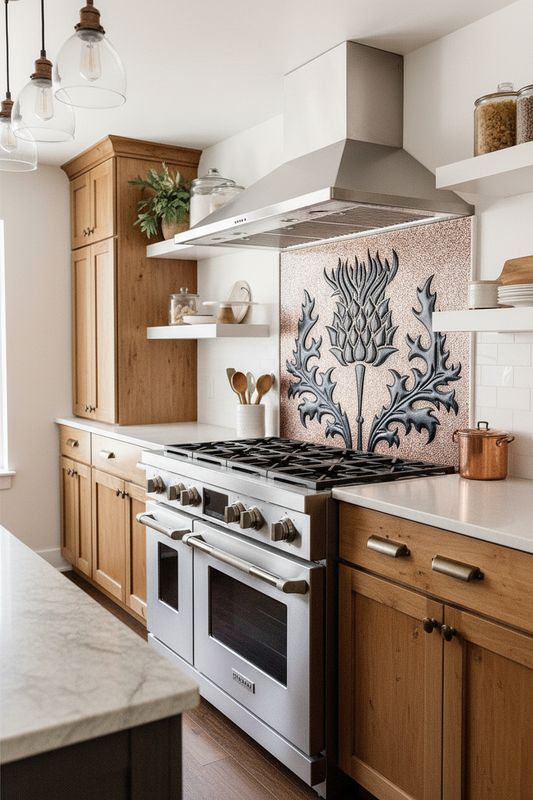 Copper Backsplash Scottish Thistle - rustic elegant kitchen