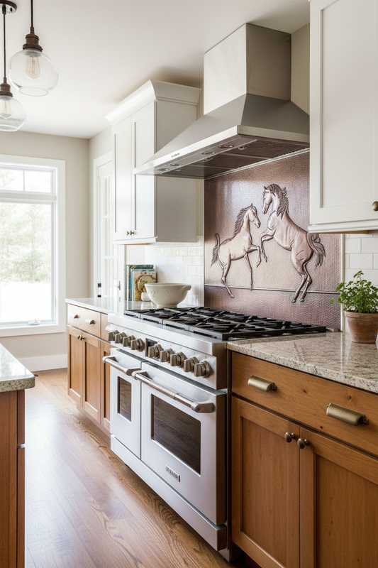 Copper Backsplash Two Rearing Horses - traditional kitchen