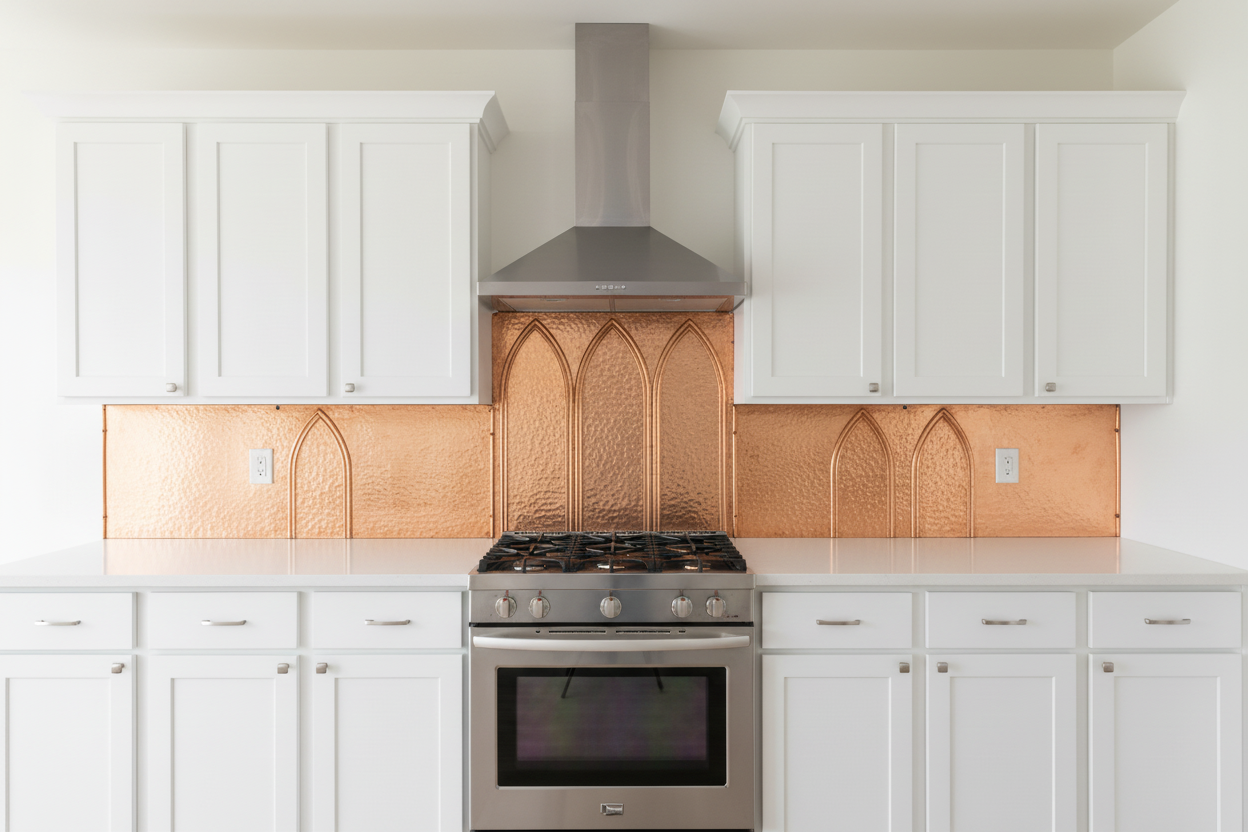 Copper Centered Stove Backsplash — Gothic Arch, 3 Symmetric Panels