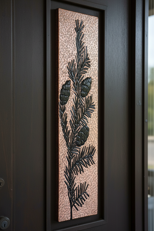 Copper Decorative Door Panel Pine Tree Branches - slightly angled view