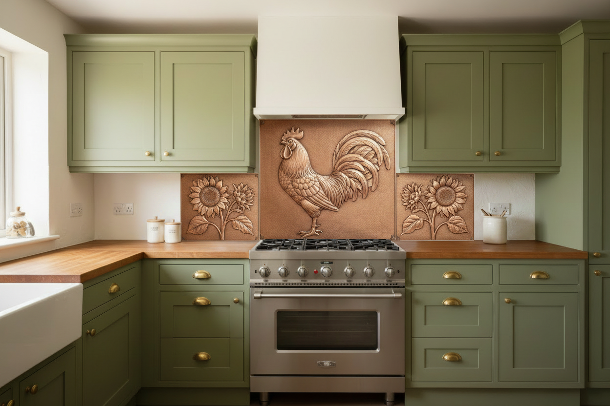 Copper Kitchen Wall Backsplash — French Country Rooster, Corrected 3-Panel Set