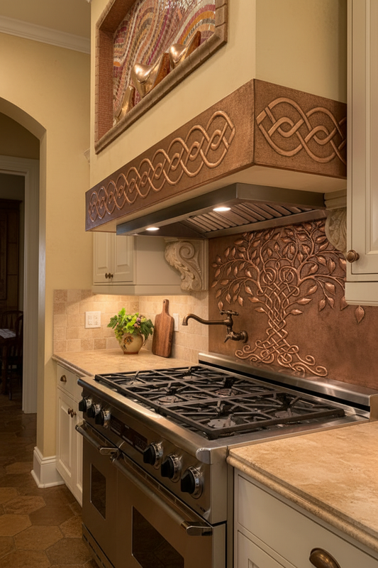 Copper Range Hood Cladding 3-Piece Panels in Tuscan Villa Kitchen with Travertine Counters