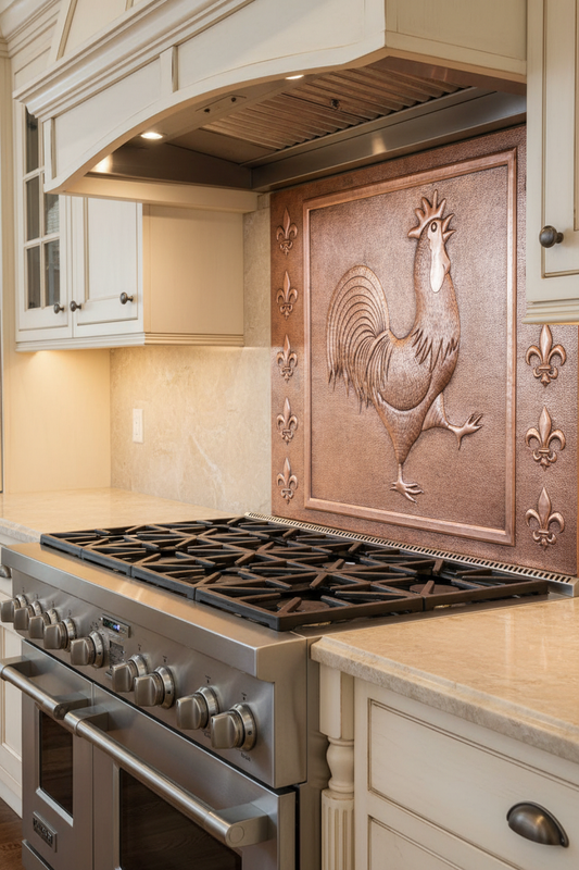 Copper Rooster Fleur De Lys Backsplash - close-up stove view