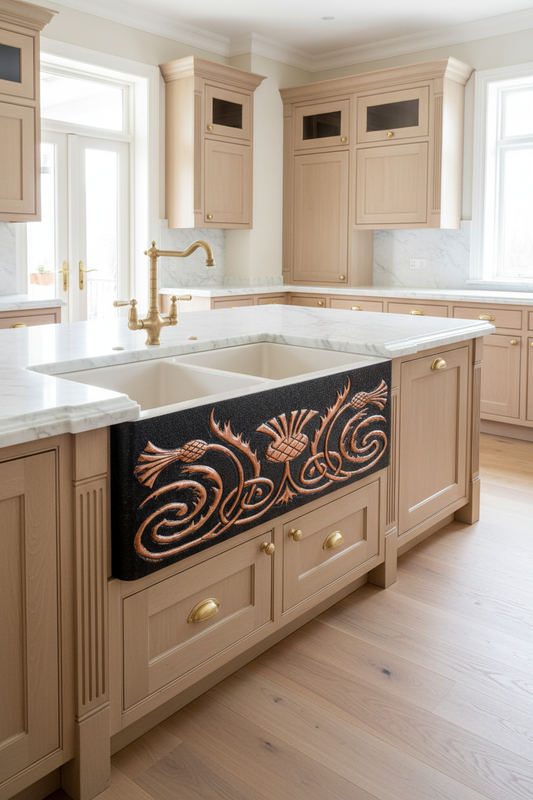 Copper Sink Apron Panel Scottish Thistles - luxury kitchen wide sink