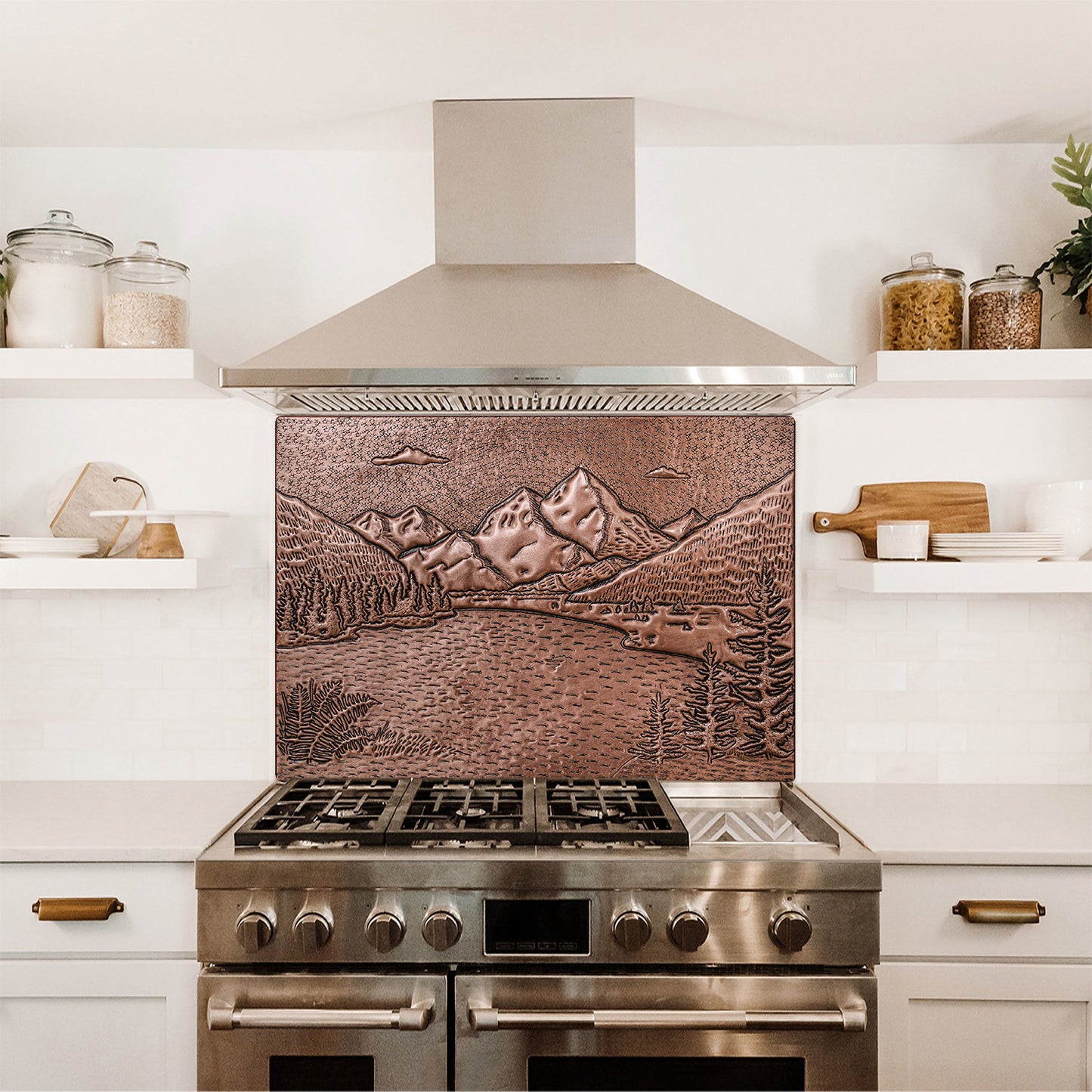 Rocky Mountains & Lake Landscape Copper Backsplash – Handcrafted Copper Kitchen Tile, Custom Mountain Scene Wall Art - Natuross