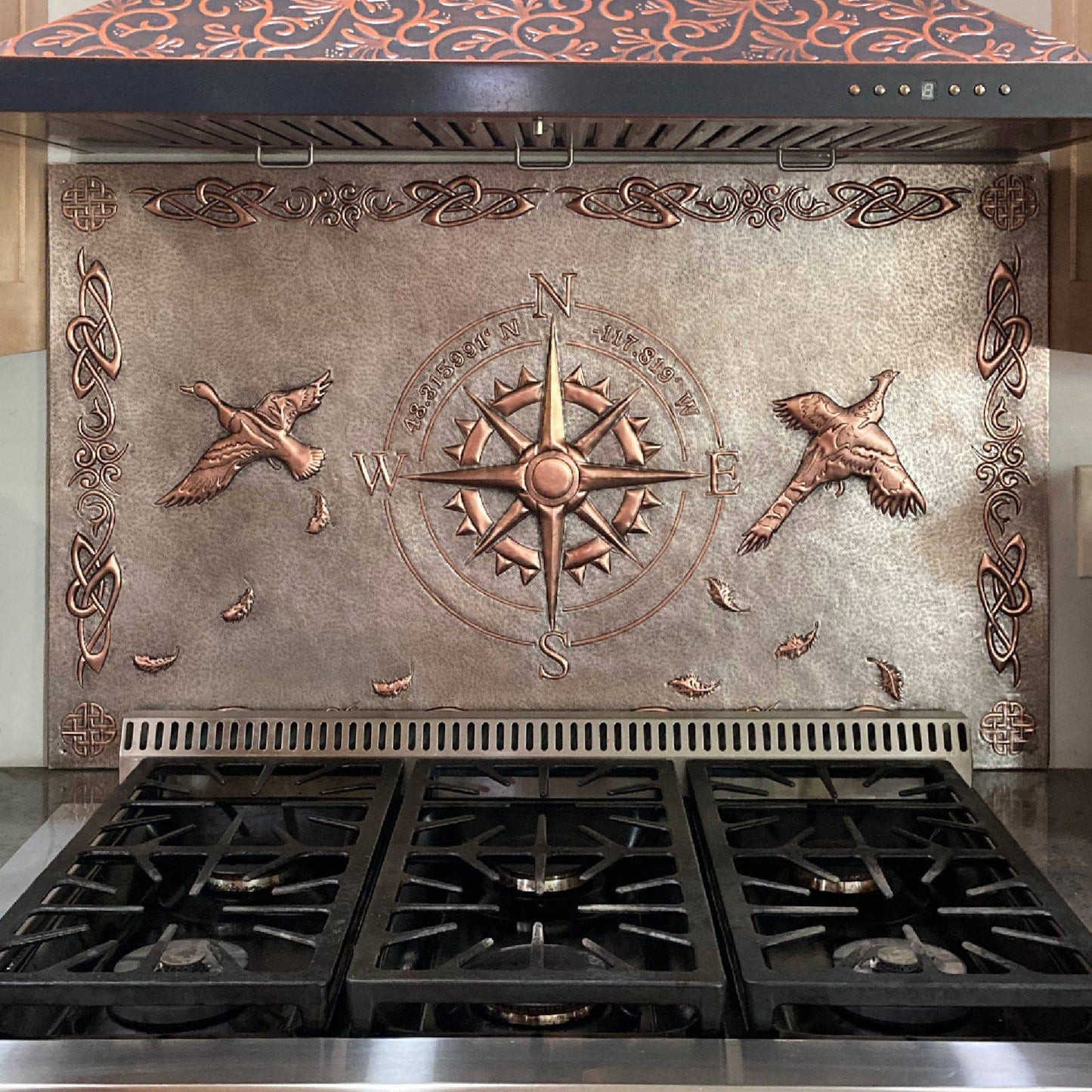Copper Backsplash Panel (Compass with GPS Coordinates, Pheasant Birds, Celtic Border, Silver&Copper Color)