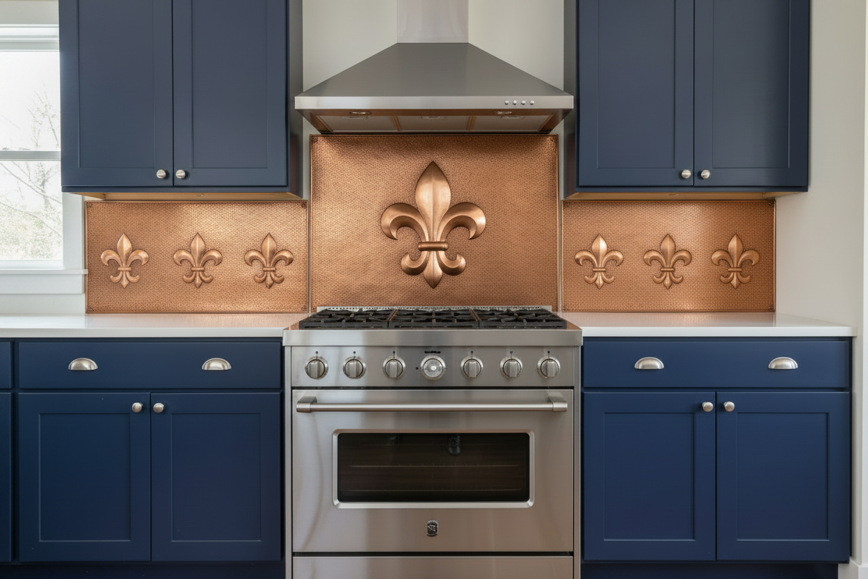Custom Copper Stove Backsplash — Fleur-de-lis