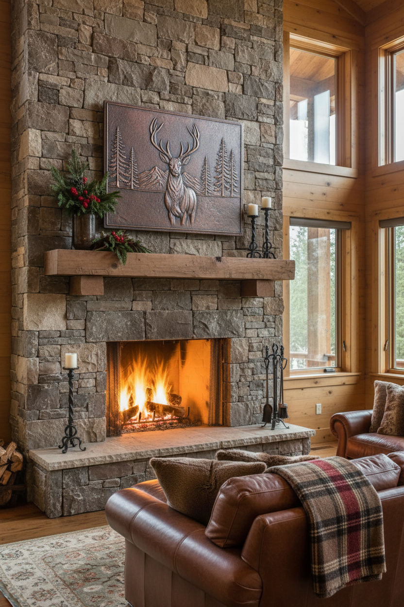 Deer in Forest Copper Wall Art Above Stone Fireplace in Traditional Hunting Lodge Living Room