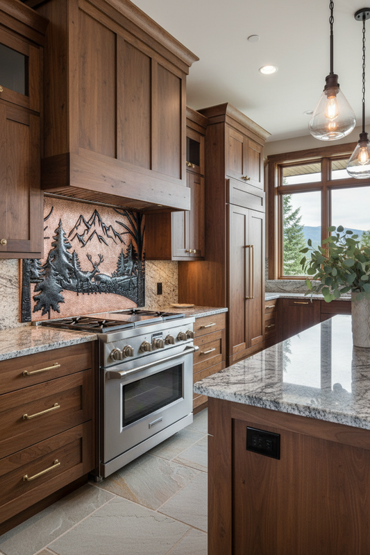Enchanted Forest Mountain Vista Copper Tile - luxury lodge kitchen