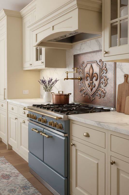 Fleur-de-Lis Copper Kitchen Backsplash in French Country Style with Blue Range