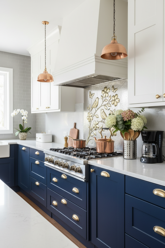 Gold & Silver Metal Stove Backsplash - 48x36 inch in transitional kitchen