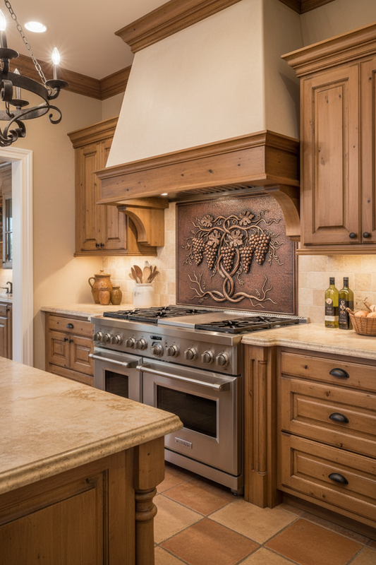 Grapes on the Vine Copper Backsplash - 48x36 inch handcrafted metal panel in brown patina finish