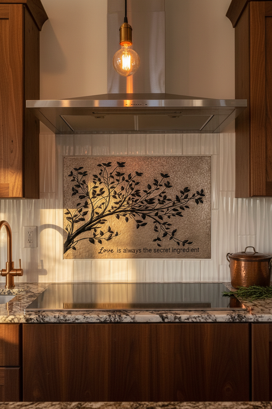 Gray Black Tree Branches Backsplash Panel Large Handmade Kitchen Wall Art EVEN CLOSER Front Direct View Ultra Luxury Rustic Farmhouse Kitchen Stove Backsplash