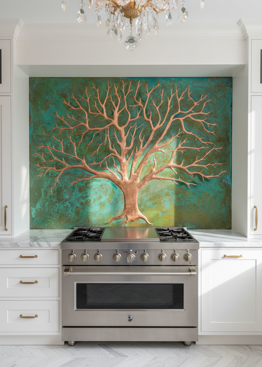 Green Copper Tree of Life Panel EXTREMELY CLOSE Stove Backsplash Front View Dream Luxury Kitchen