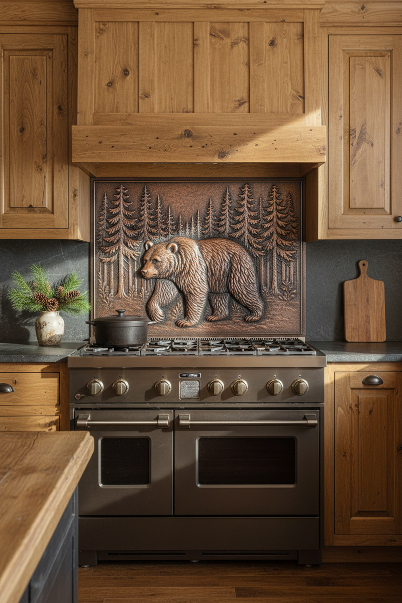Hand-Hammered Copper Bear Forest Panel Backsplash in Mountain Lodge Kitchen with Pine Cabinets
