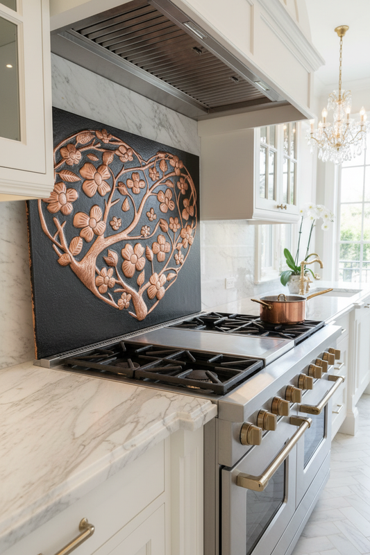 Hand-Hammered Copper Dogwood Heart Panel EXTREMELY CLOSE Angled Right View Kitchen Backsplash Behind Stove Ultra Luxury Upscale Designer Kitchen