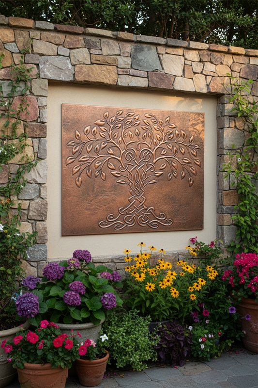 Hand-Hammered Tree of Life Copper Outdoor Wall Panel on Garden Wall with Lush Landscaping
