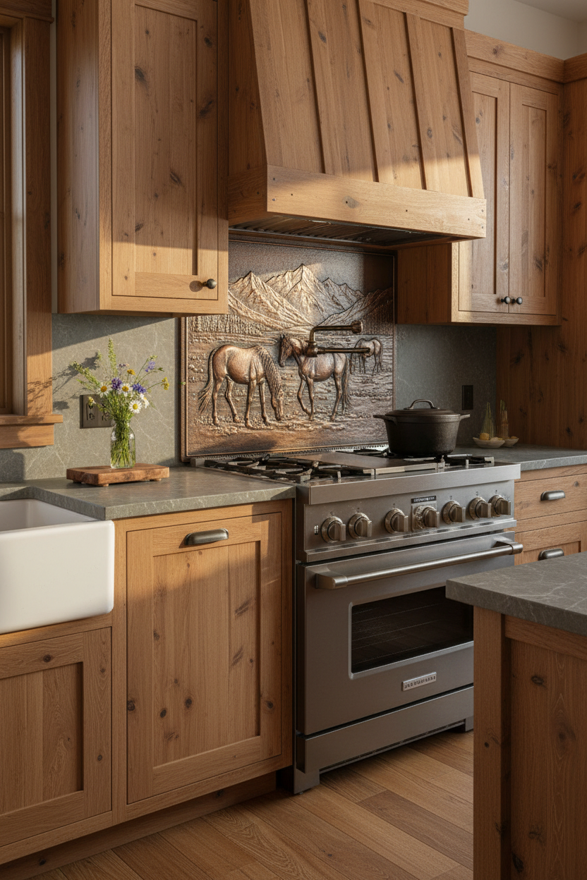 Horses in Valley Copper Backsplash Panel in Mountain Ranch Kitchen with Cedar Cabinets