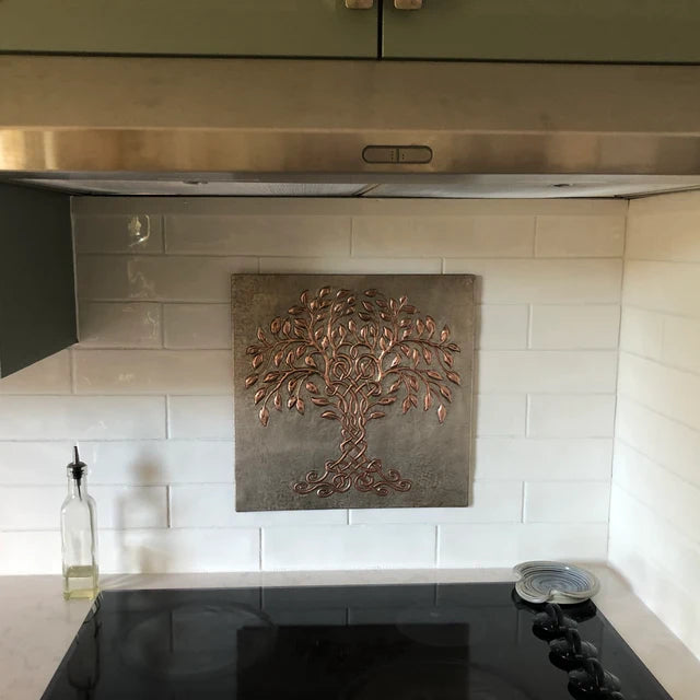 Celtic Tree of Life Copper Backsplash – Gray & Copper Patina | Custom Handmade Kitchen Wall Tile - Natuross