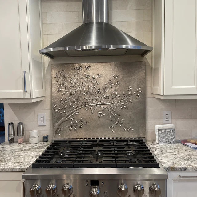 Gray Tree Branches Copper Backsplash | Modern Farmhouse Handmade Copper Kitchen Backsplash Panel