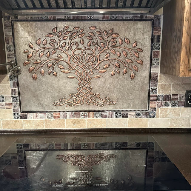 Celtic Tree of Life Copper Backsplash – Gray & Copper Patina | Custom Handmade Kitchen Wall Tile - Natuross