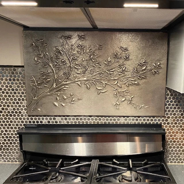 Gray Tree Branches Copper Backsplash | Modern Farmhouse Handmade Copper Kitchen Backsplash Panel