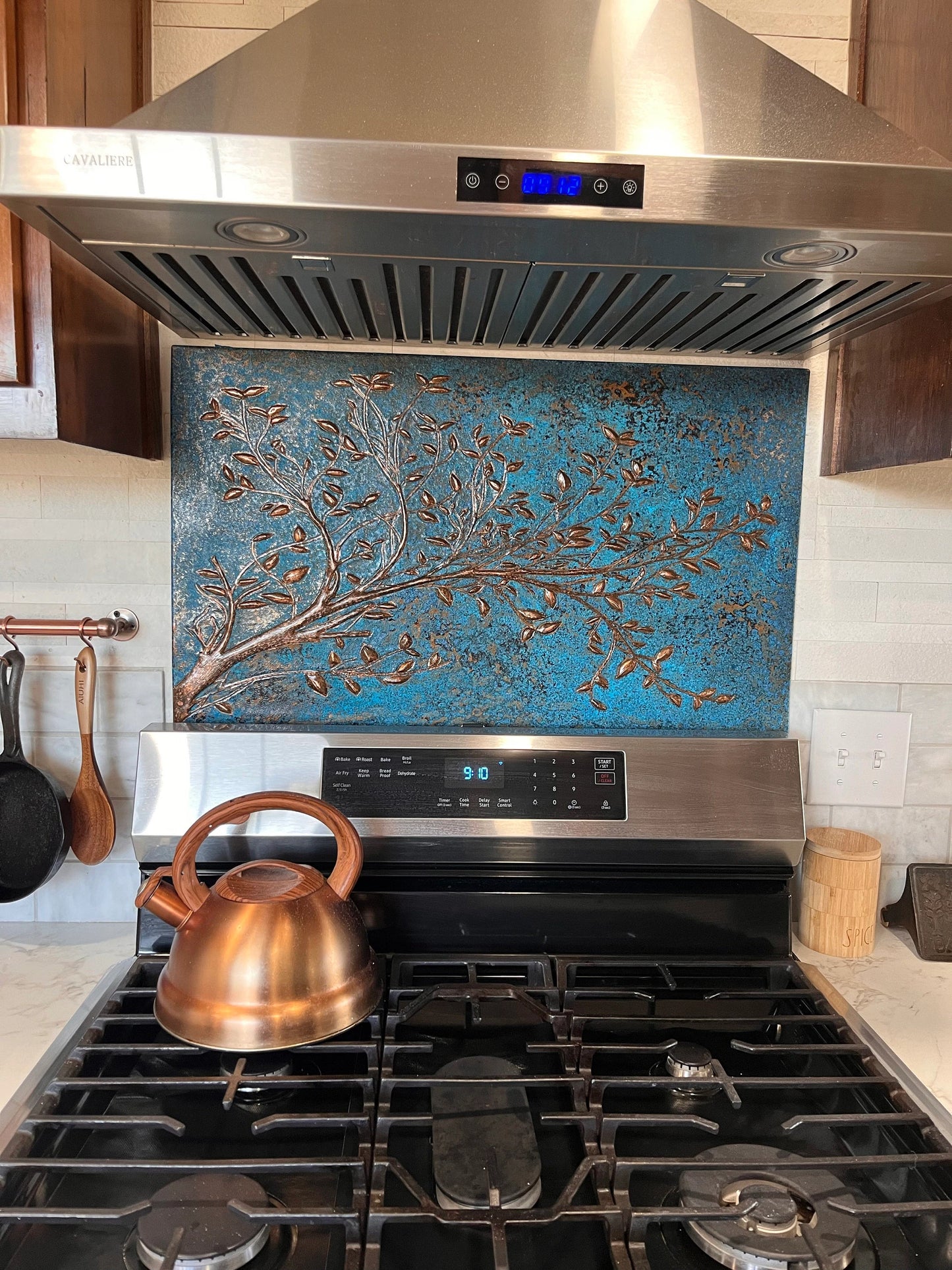 Blue Copper Tree Branches Backsplash | Artistic Handmade Copper Kitchen Backsplash Panel - Natuross