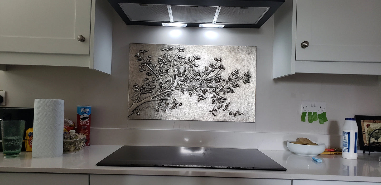 Gray Tree Branches Copper Backsplash | Modern Farmhouse Handmade Copper Kitchen Backsplash Panel