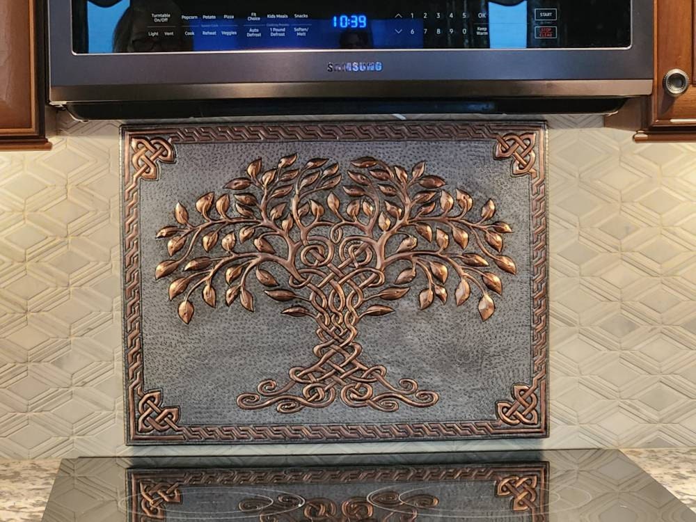 Gray & Copper Tree of Life Backsplash | Two-Tone Handmade Copper Kitchen Wall Art - Natuross