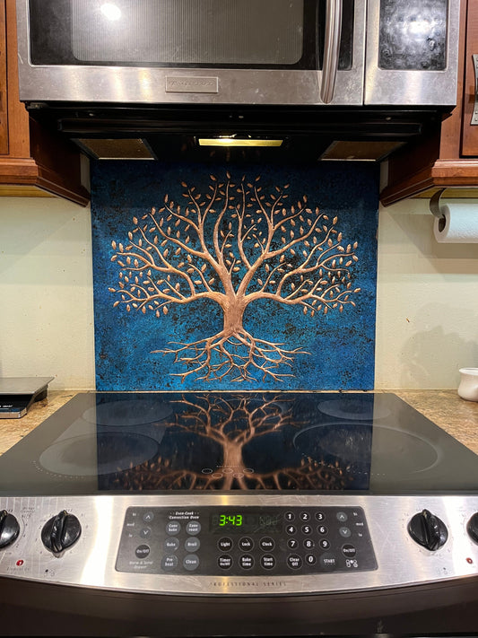 Blue Tree With Roots Copper Backsplash | Bold Patina Handmade Copper Kitchen Backsplash Panel - Natuross