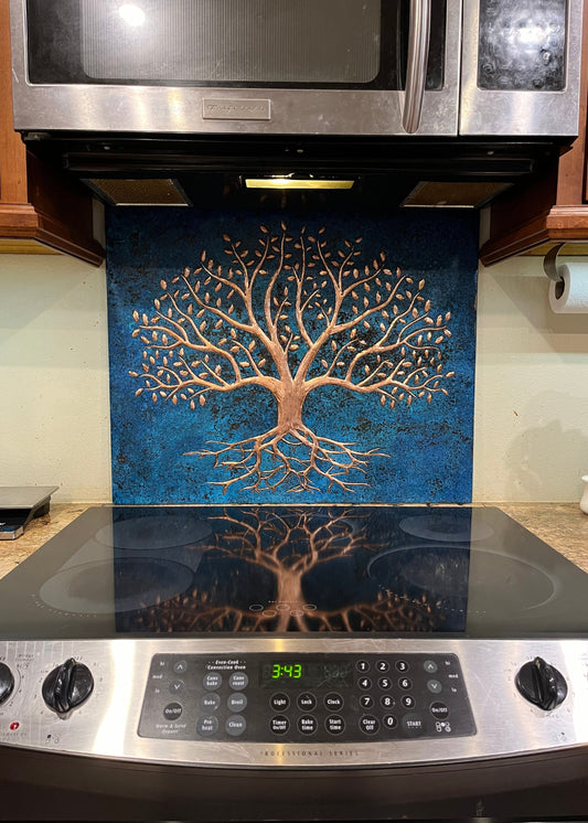 Blue Tree With Roots Copper Backsplash | Bold Patina Handmade Copper Kitchen Backsplash Panel - Natuross