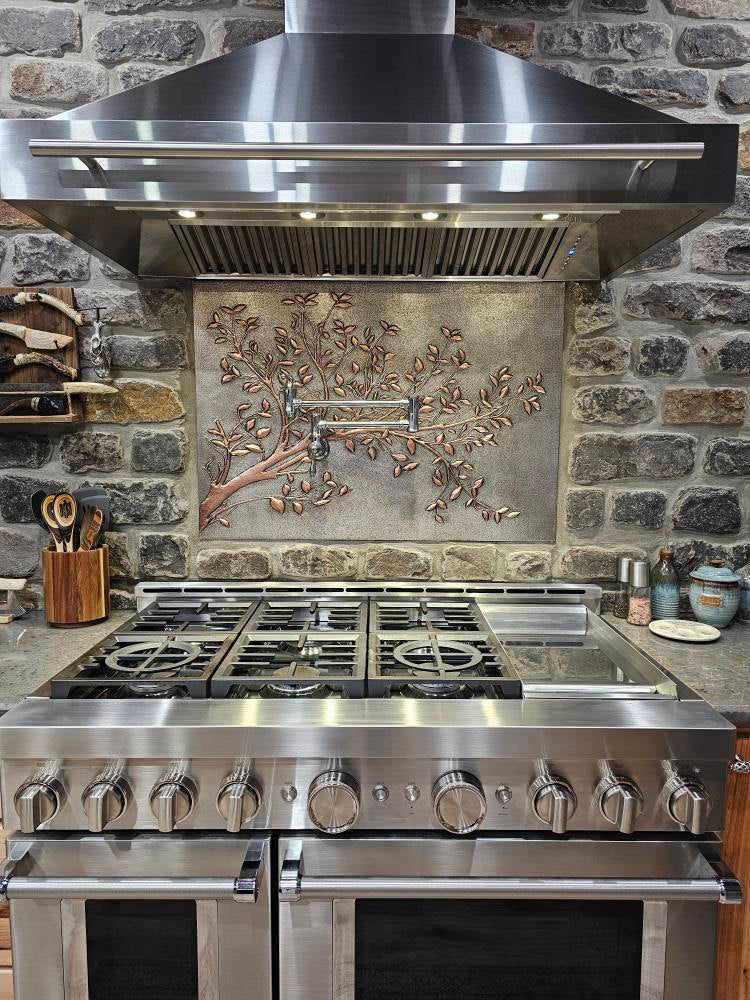 Gray Copper Tree Branches Backsplash | Handmade Copper Kitchen Backsplash Tile