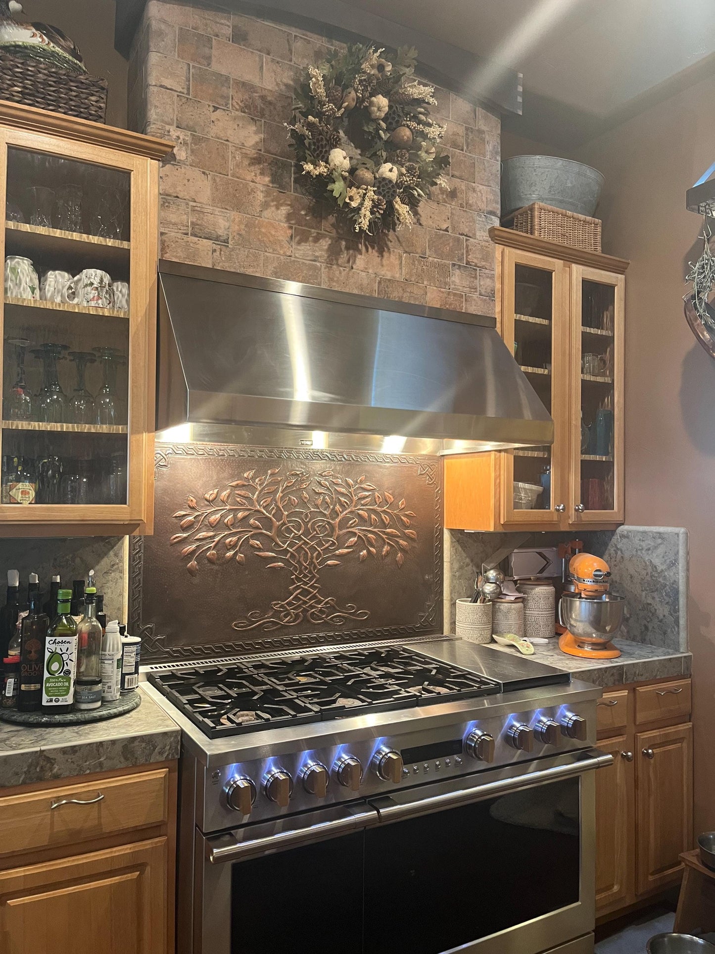 Brown Tree of Life Copper Backsplash | Rustic Handmade Farmhouse Copper Kitchen Wall Art - Natuross