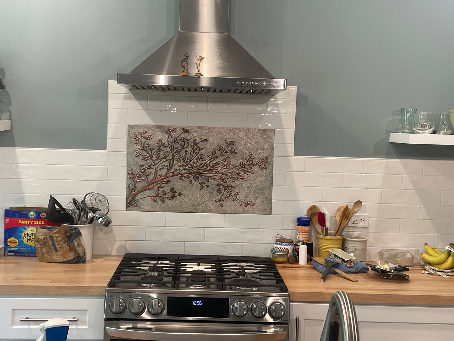 Gray Copper Tree Branches Backsplash | Handmade Copper Kitchen Backsplash Tile