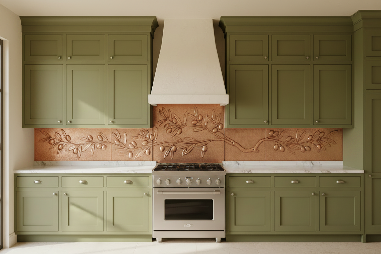 Three copper panels spanning full panoramic kitchen wall in warm olive green kitchen — continuous Mediterranean olive branch with gnarled branch, elongated leaves in pairs and round olive clusters in repoussé relief flowing across all three panels, pure warm copper tone matching magnolia reference, fine stipple background, black hairline seams between panels, olive green shaker cabinets, white marble countertop, professional range centered