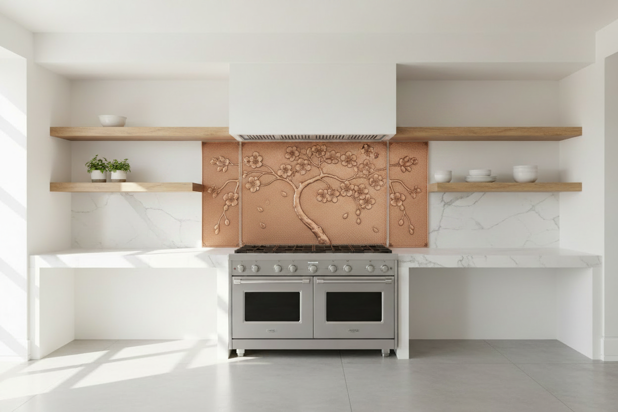 Three tall copper panels spanning full kitchen wall in open-shelf kitchen — refined Japanese cherry blossom tree in repoussé relief on center panel with S-curved trunk, branching blossoms and falling petals, slender branch side panels, warm natural copper tone matching magnolia reference, fine stipple background, open floating wood shelves, white marble countertop